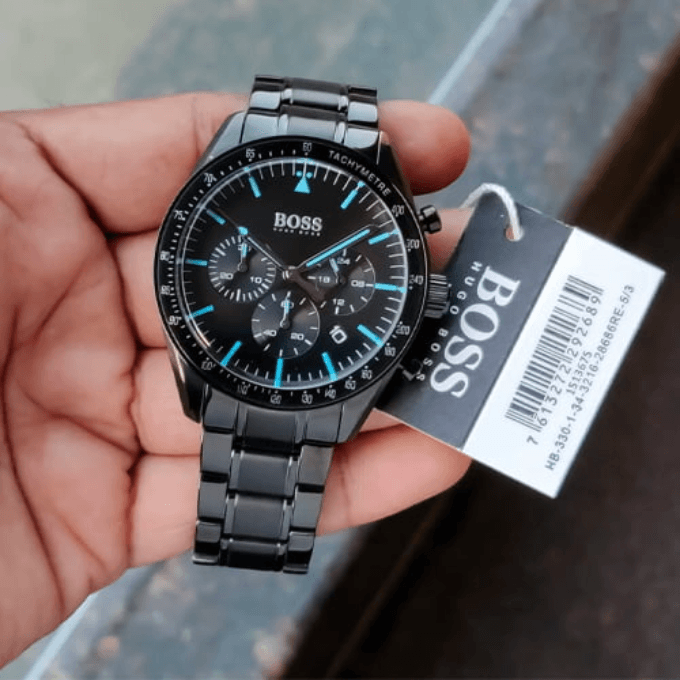 Hugo Boss Trophy Chronograph Black Dial Black Steel Strap Watch for Men - 1513675