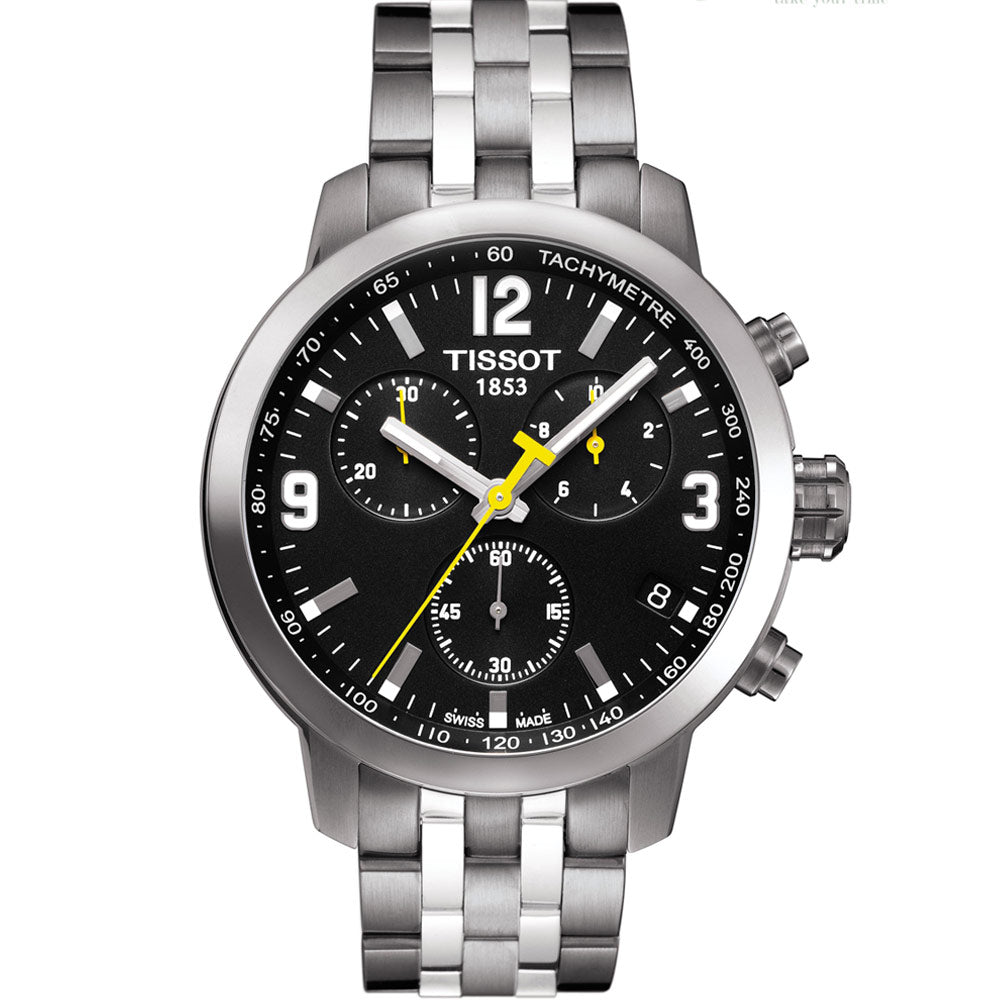 Tissot PRC 200 Chronograph Black Dial Silver Steel Strap Watch For Men - T055.417.11.057.00