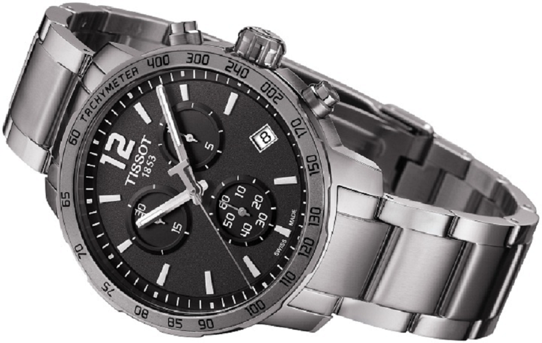 Tissot Quickster Chronograph Black Dial Silver Steel Strap Watch For Men - T095.417.11.067.00
