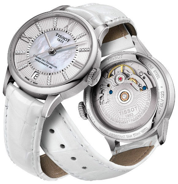 Tissot Chemin Des Tourelles Powermatic 80 Lady White Dial White Leather Strap Watch For Women - T099.207.16.116.00