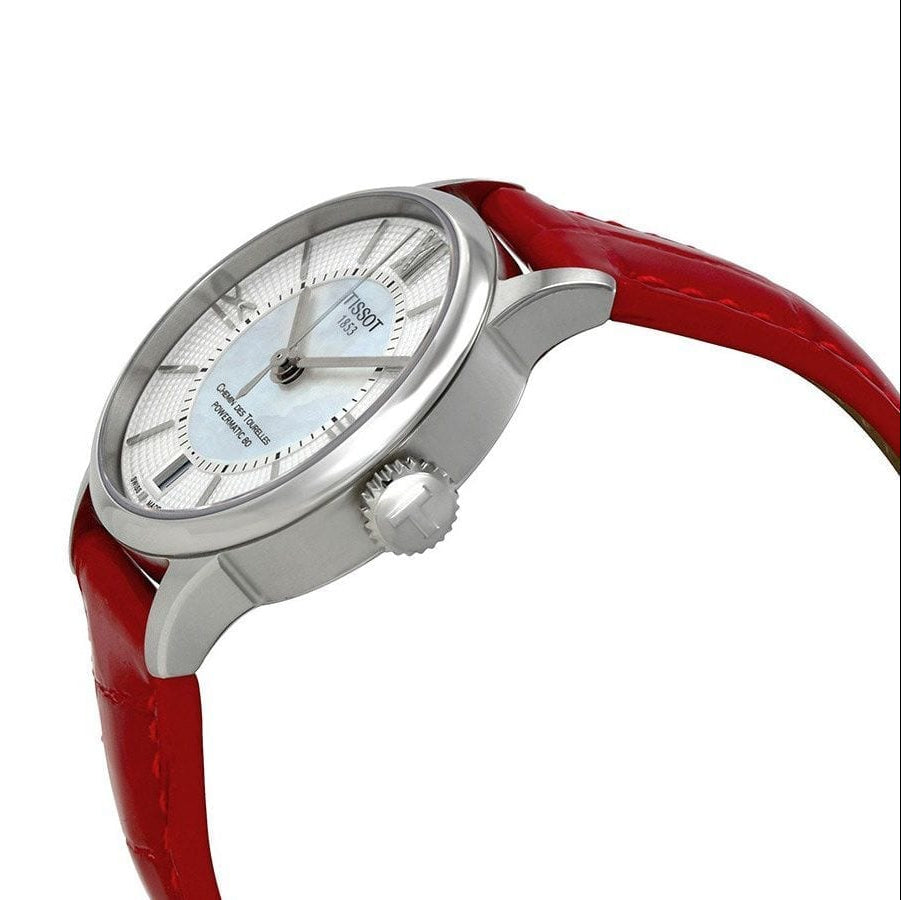 Tissot Chemin Des Tourelles Powermatic 80 Mother of Pearl White Dial Red Leather Strap Watch For Women - T099.207.16.118.00