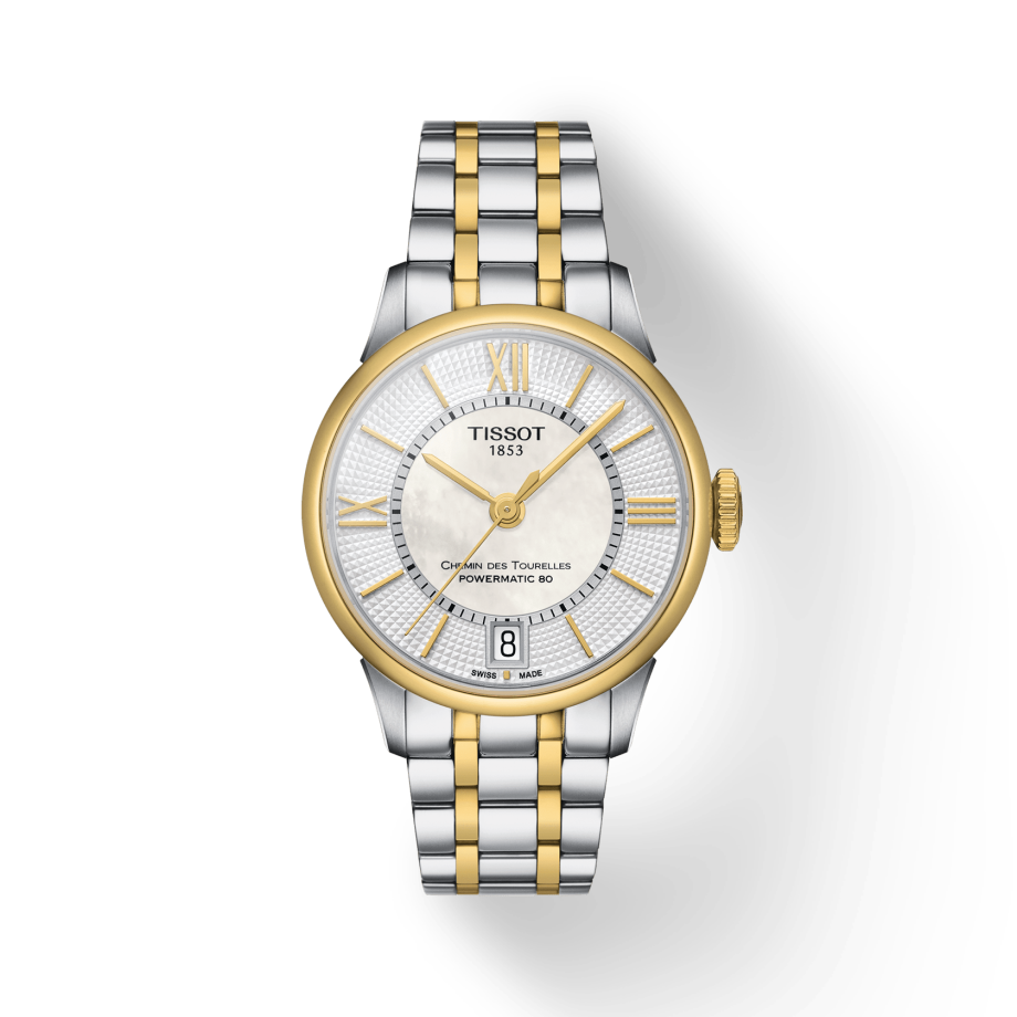 Tissot Chemin Des Tourelles Powermatic 80 Lady Mother of Pearl White Dial Two Tone Steel Strap Watch For Women - T099.207.22.118.00