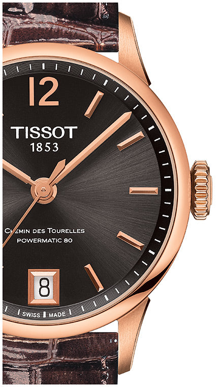 Tissot Chemin Des Tourelles Powermatic 80 Lady Brown Dial Brown Leather Strap Watch For Women - T099.207.36.447.00