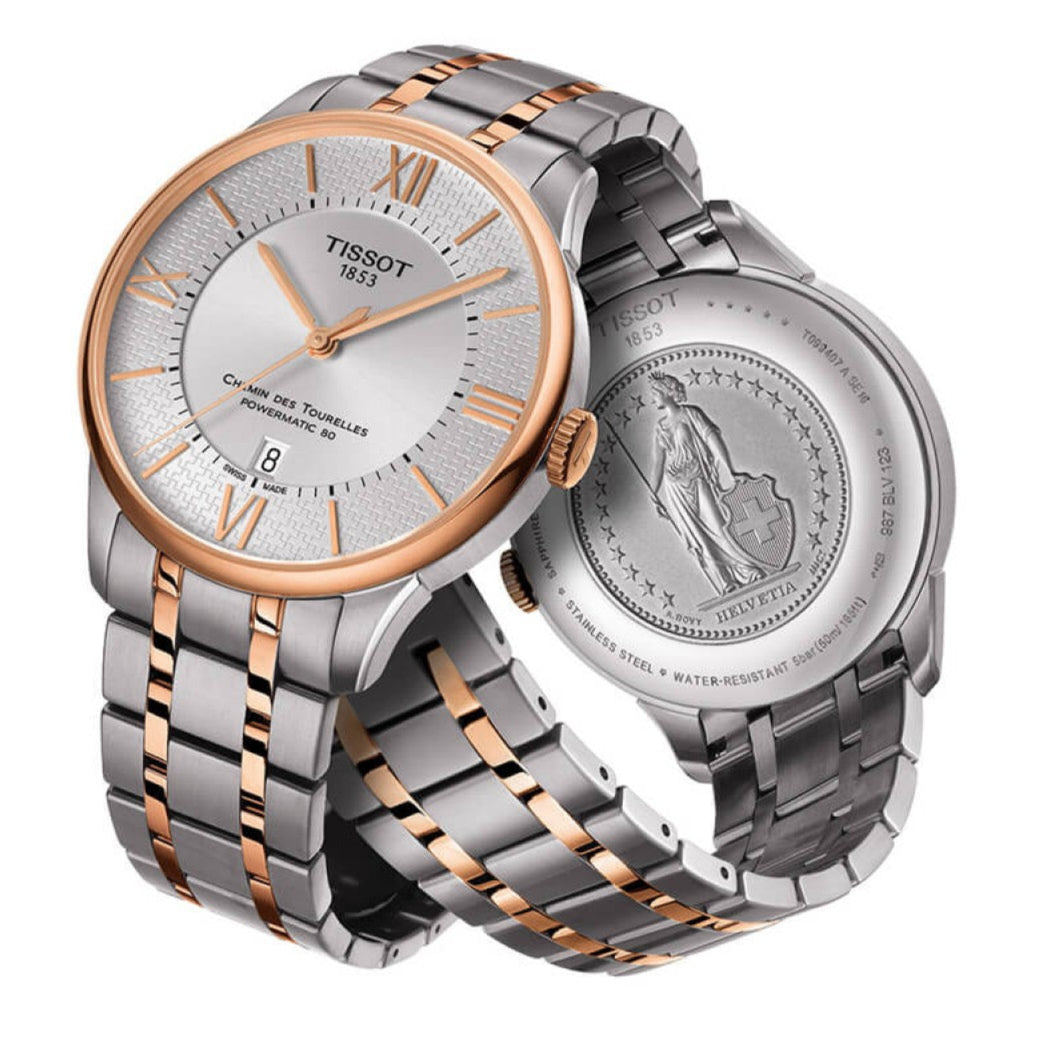 Tissot Chemin Des Tourelles Powermatic 80 Helvetic Price Lady Silver Dial Two Tone Steel Strap Watch For Women - T099.207.22.118.01