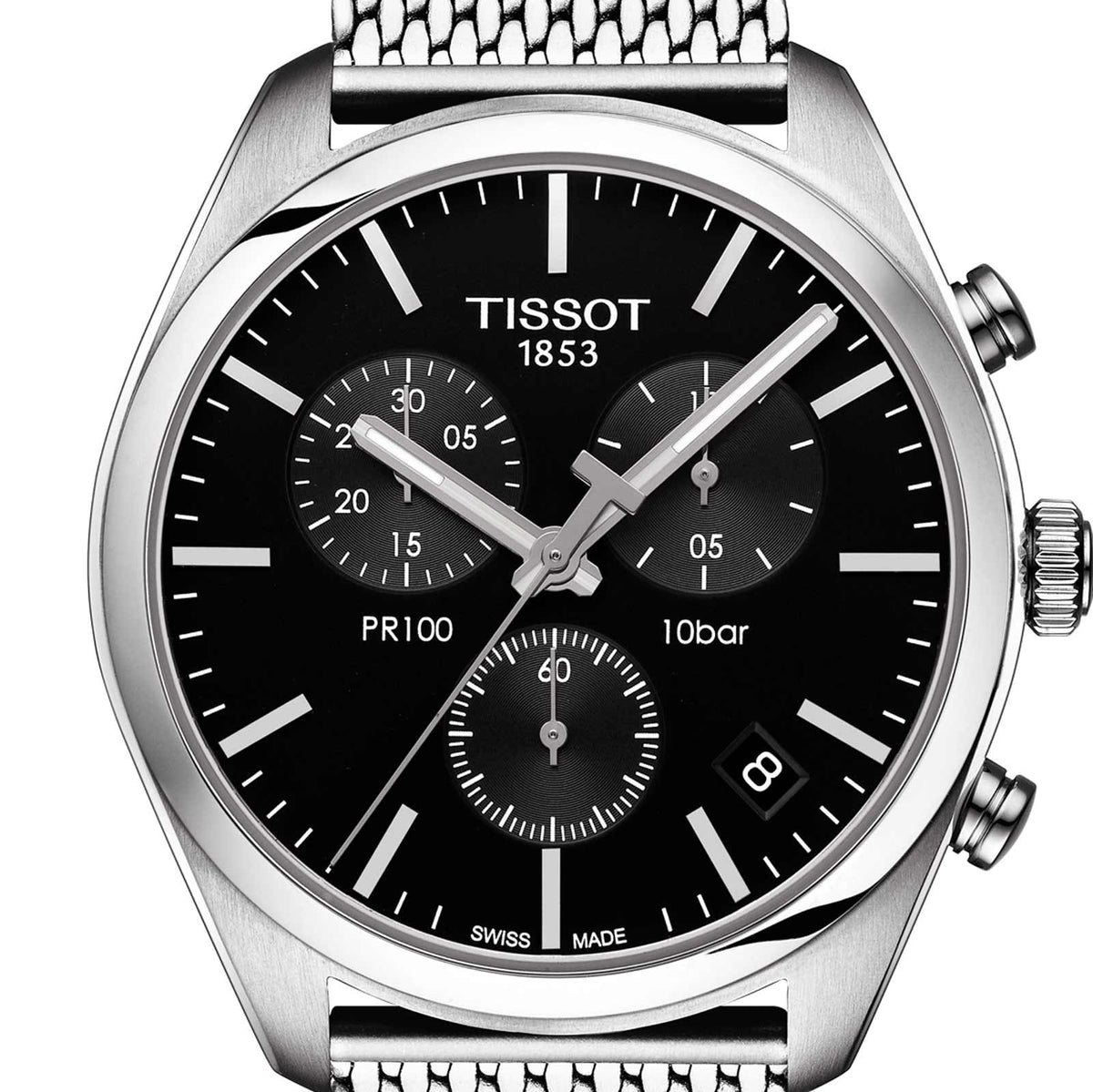 Tissot PR 100 Chronograph Black Dial Silver Mesh Bracelet Watch For Men - T101.417.11.051.01