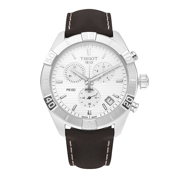 Tissot PR 100 Sport Quartz Chronograph Silver Dial Brown Leather Strap Watch For Men - T101.617.16.031.00