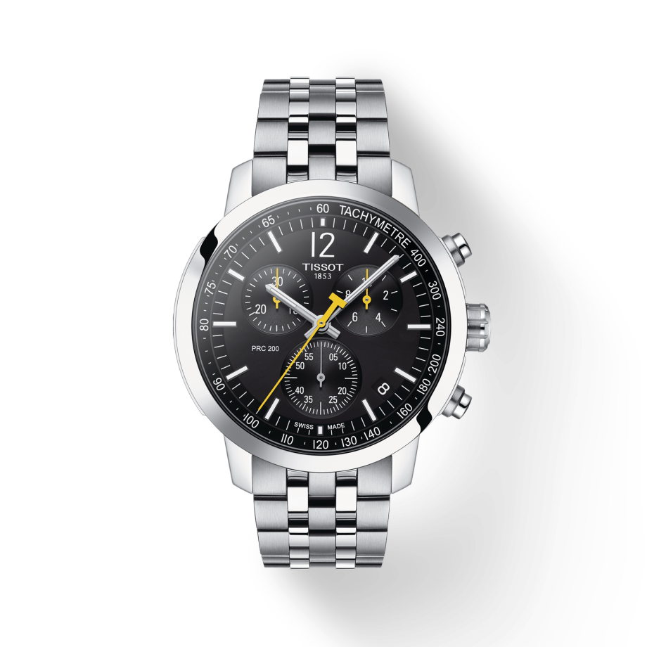 Tissot PRC 200 Chronograph Black Dial Silver Steel Strap Watch For Men - T114.417.11.057.00