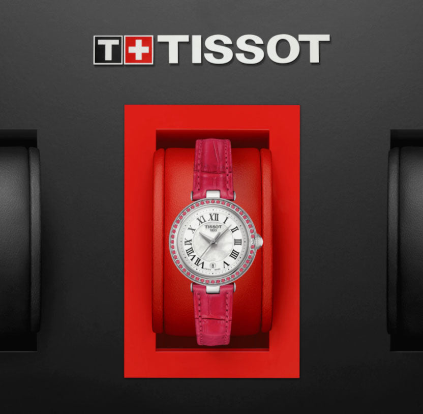 Tissot Bellissima Small Lady Diamonds Mother of Pearl Dial Red Leather Strap Watch For Women - T126.010.66.113.00