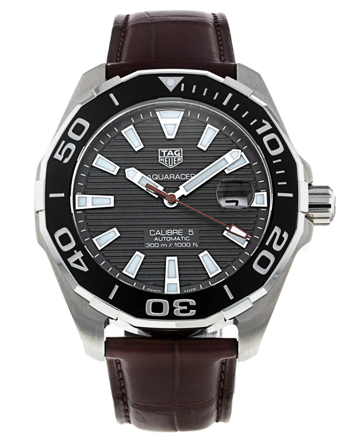 Tag Heuer Aquaracer Caliber 5 Black Dial Brown Leather Strap Watch for Men - WAY201M.FC6474