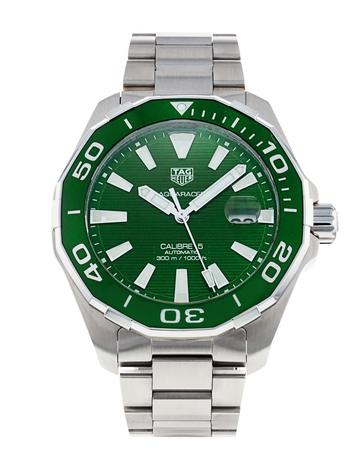 Tag Heuer Aquaracer Calibre 5 Green Dial Silver Steel Strap Watch for Men - WAY201S.BA0927