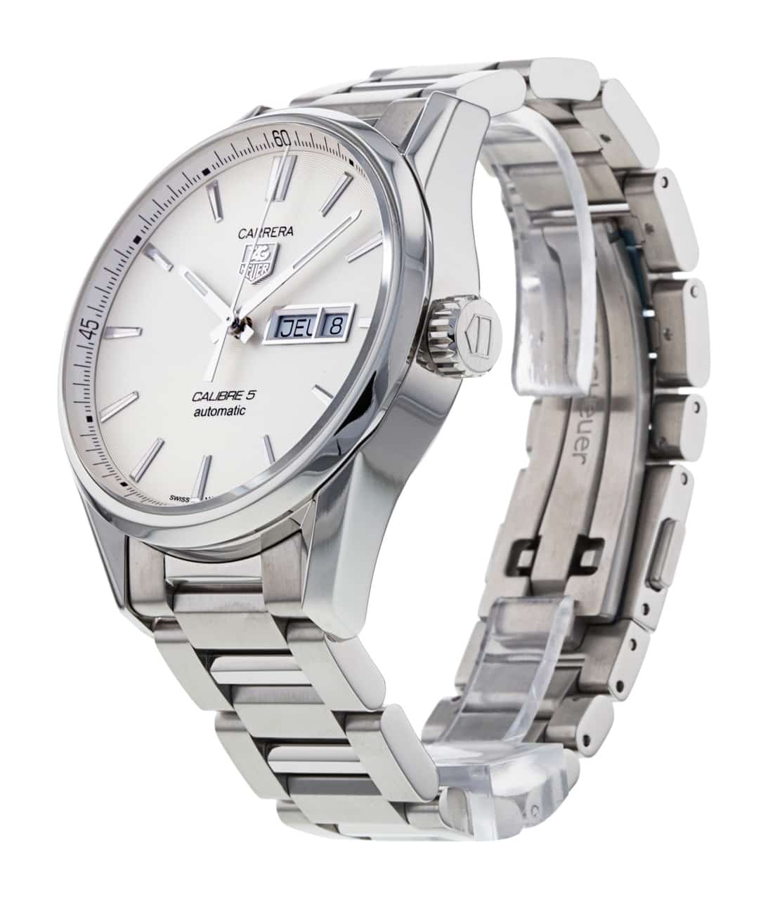 Tag Heuer Carrera Calibre 5 Automatic White Dial Silver Steel Strap Watch for Men - WAR201B.BA0723