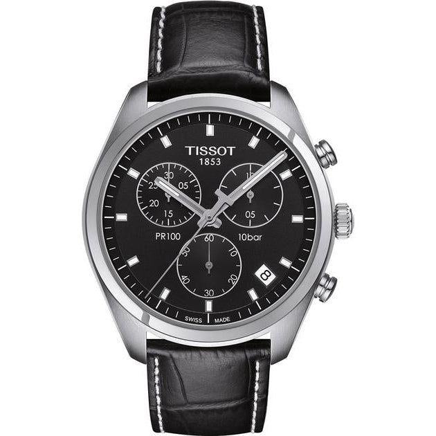 Tissot PR 100 Chronograph Black Dial Black Leather Strap Watch For Men - T101.417.16.051.00
