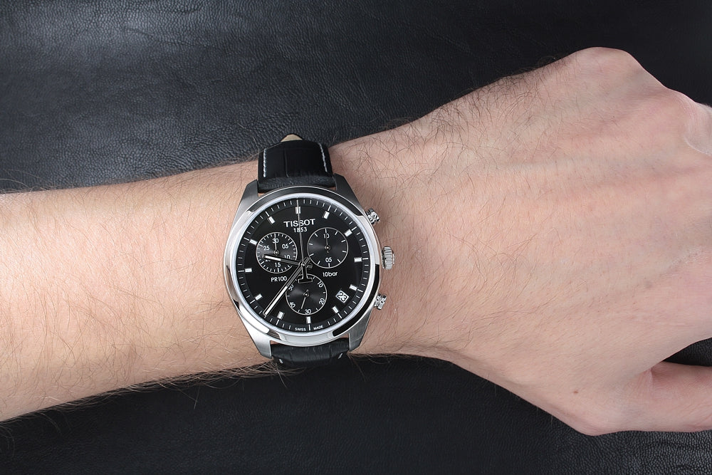 Tissot PR 100 Chronograph Black Dial Black Leather Strap Watch For Men - T101.417.16.051.00