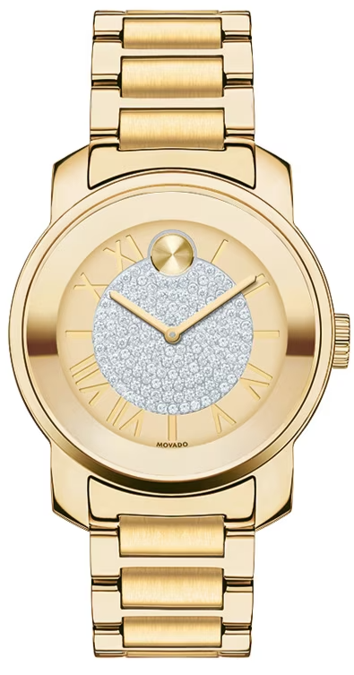 Movado Bold Pave Gold Dial Gold Steel Strap Watch For Women - 3600255