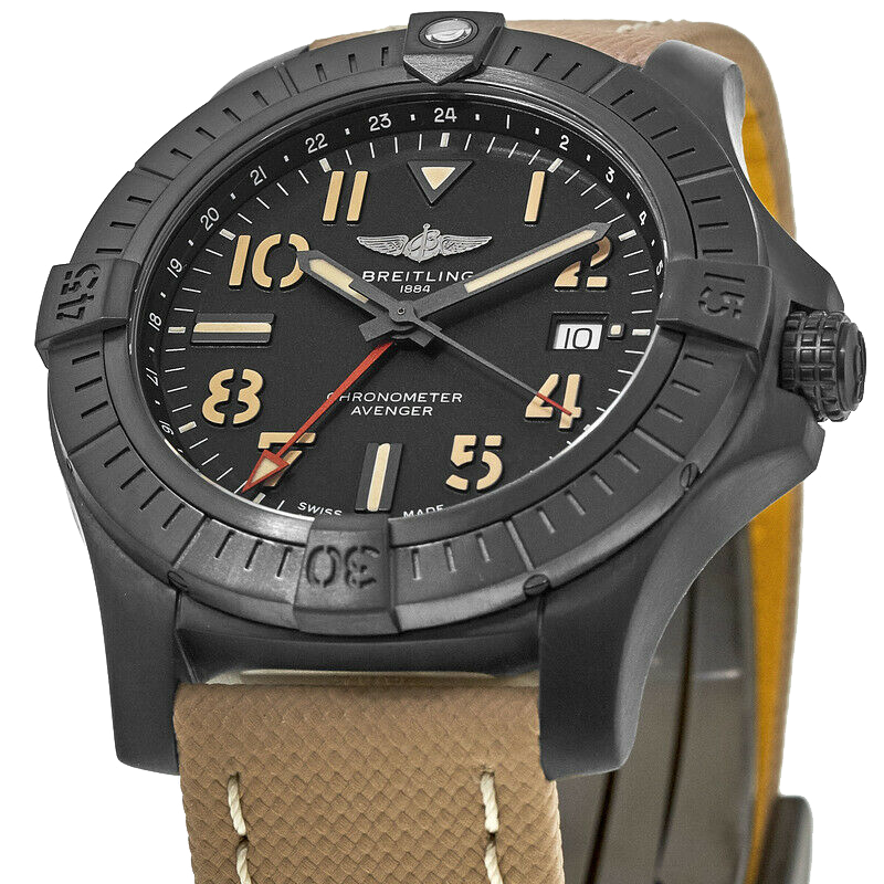 Breitling Avenger Automatic GMT 45 Black Dial Brown Nylon Strap Watch for Men - V32395101B1X1