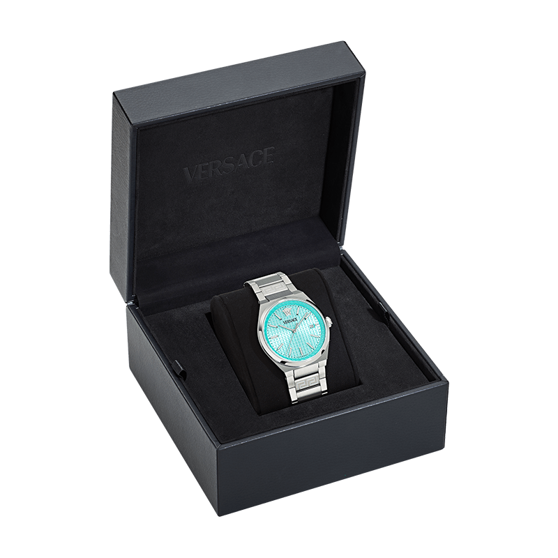 Versace V-Auria Quartz Turquoise Dial Silver Steel Strap Watch for Women - VE0F00225