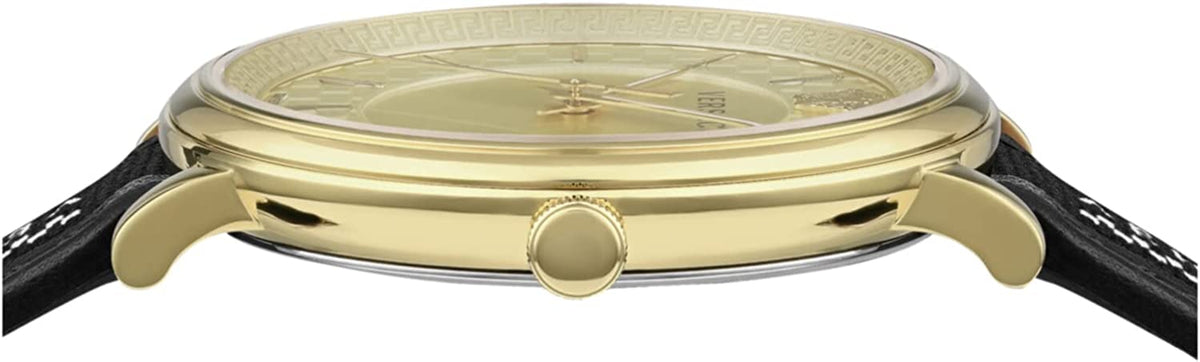 Versace V-Circle Manifesto Gold Dial Black Leather Strap Watch for Men - VBQ030017