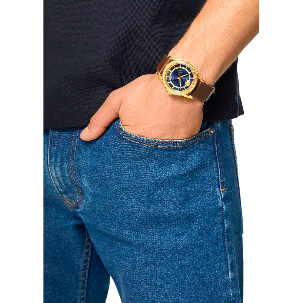 Versace Code Quartz Blue Dial Brown Leather Strap Watch For Men - VEPO00220