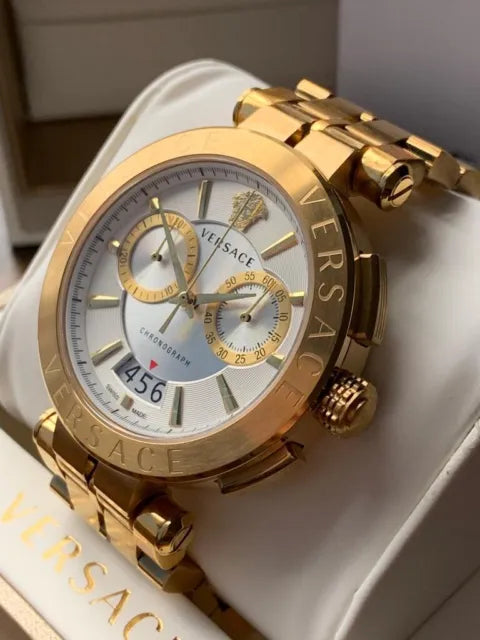 Versace V Racer Chronograph White Dial Gold Steel Strap Watch for Men - VBR060017