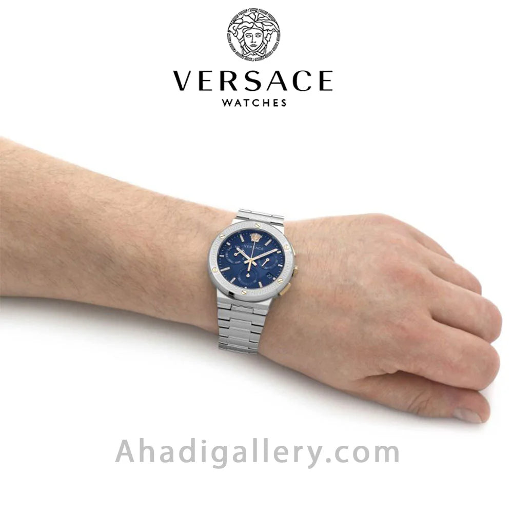Versace Greca Quartz Blue Dial Silver Steel Strap Watch For Men - VEZ900221