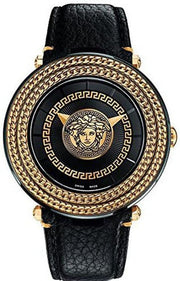 Versace V-Metal Icon Black Dial Black Leather Strap Watch For Men - VQL030015