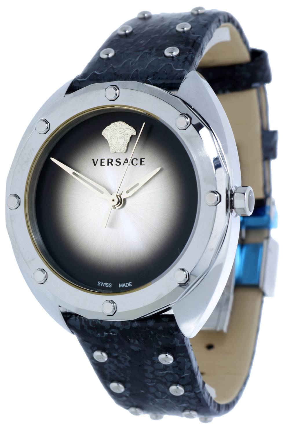 Versace Shadov Quartz Silver Dial Black Snake Leather Strap Watch for Women - VEBM00118