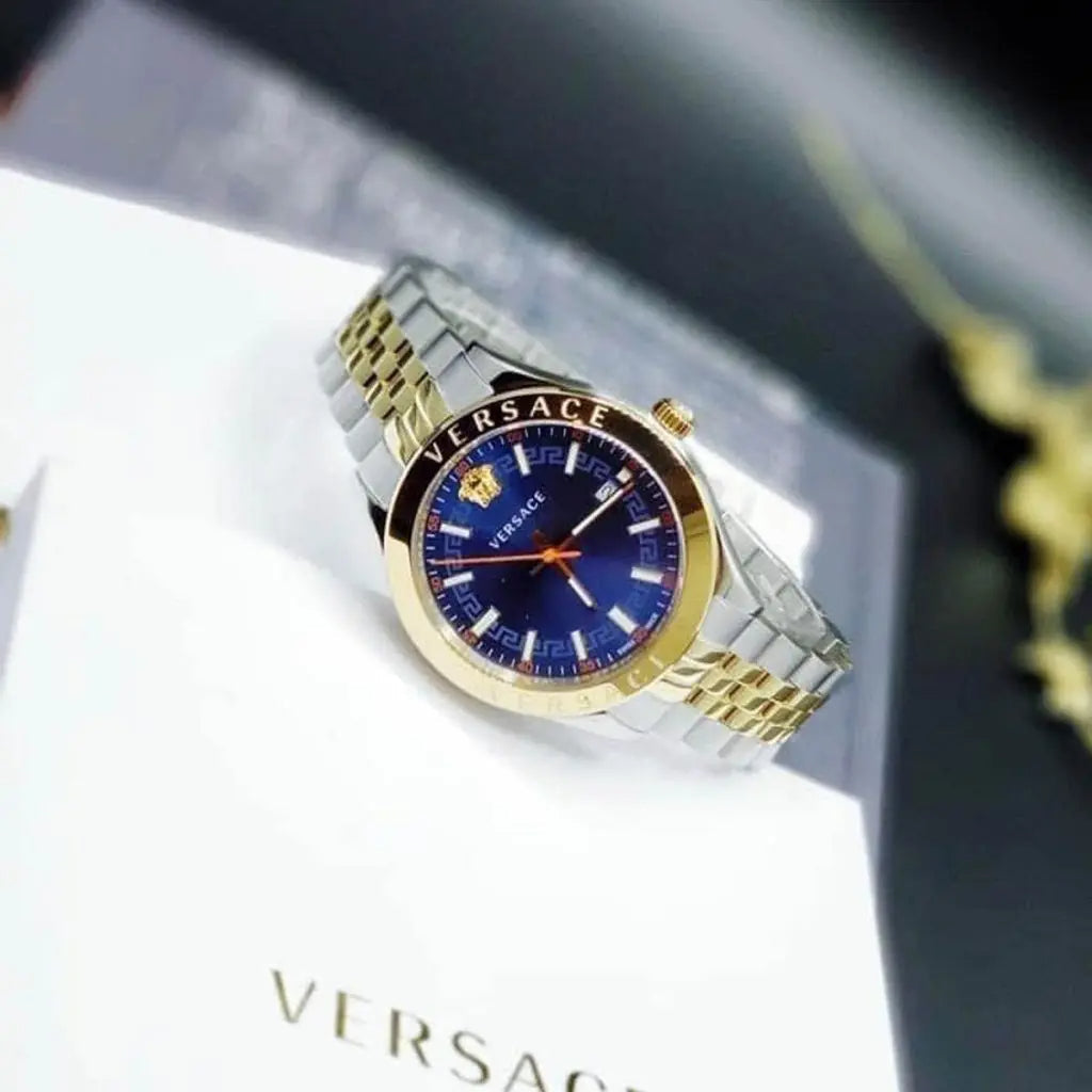 Versace Hellenyium Quartz Blue Dial Two Tone Steel Strap Watch For Men - VEVK00520
