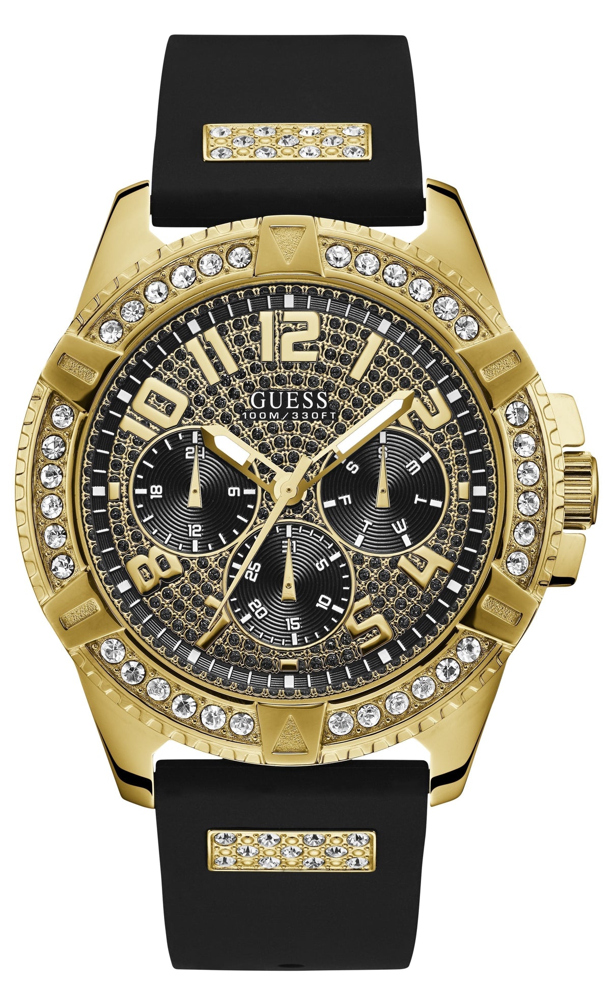 Guess Frontier Crystals Black Dial Black Silicone Strap Watch For Men - W1132G1