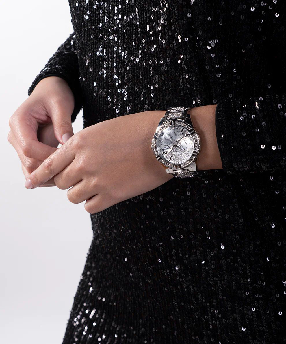 Guess Frontier Diamonds Silver Dial Silver Steel Strap Watch For Women - W1156L1
