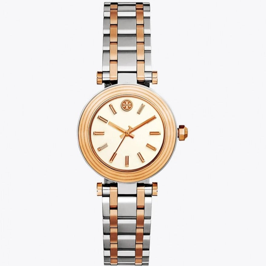 Tory Burch Classic T White Dial Two Tone Steel Strap Watch for Women - TBW9011