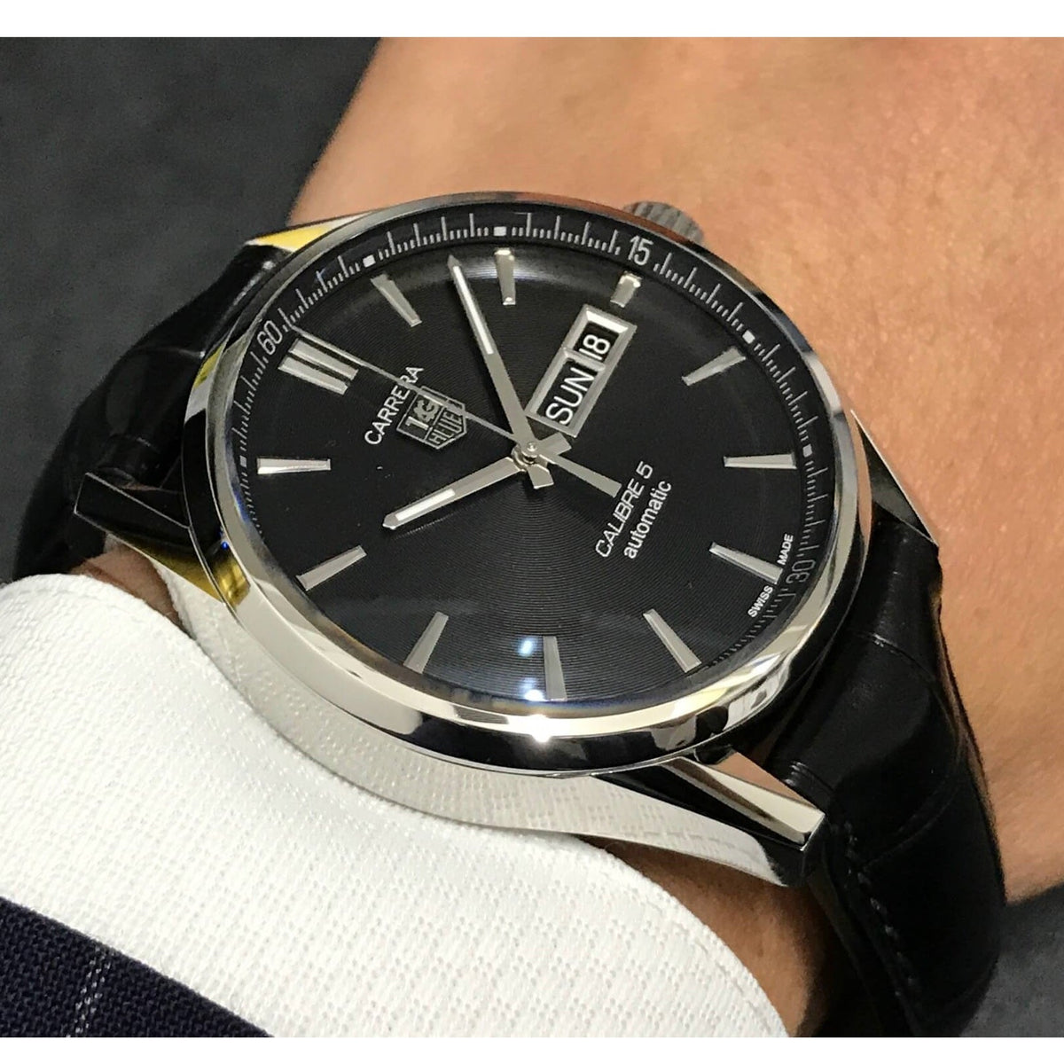 Tag Heuer Carrera Automatic Black Dial Black Leather Strap Watch for Men - WAR201A.FC6266