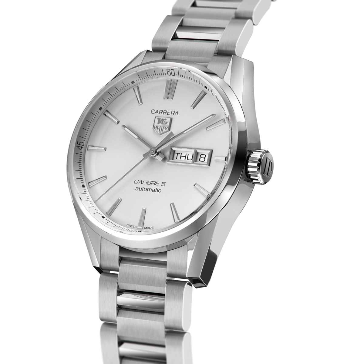 Tag Heuer Carrera Calibre 5 Automatic White Dial Silver Steel Strap Watch for Men - WAR201B.BA0723