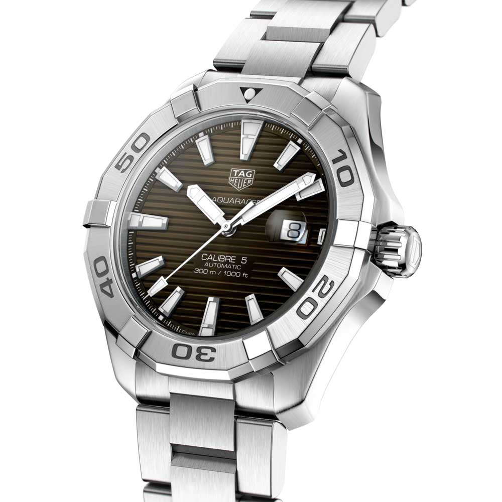 Tag Heuer Aquaracer Calibre 5 Automatic Sunray Brown Dial Silver Steel Strap Watch for Men - WAY2018.BA0927
