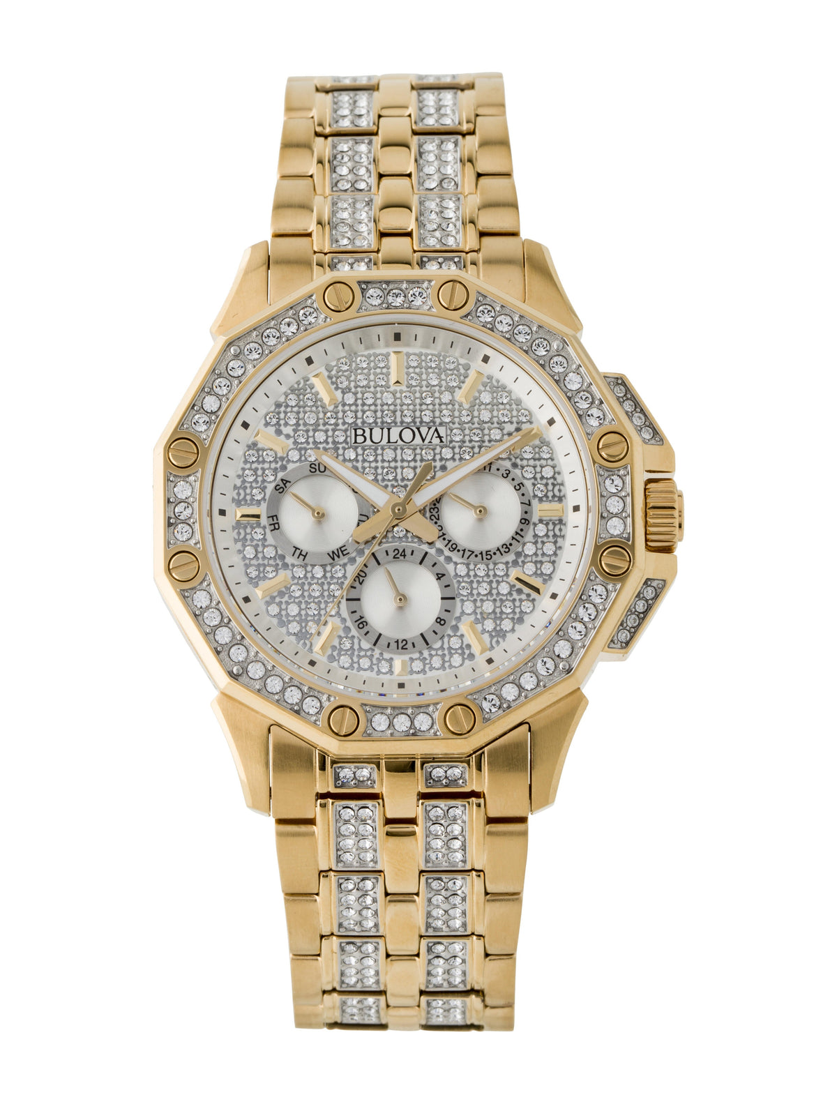 Bulova Crystal Collection Octova White Dial Gold Steel Strap Watch for Men - 98C126