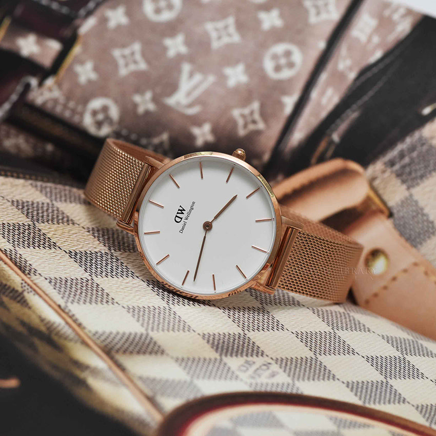 Daniel Wellington Classic Petite Melrose White Dial Rose Gold Mesh Bracelet Watch For Women - DW00100163