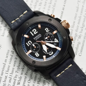 Fossil Modern Machine Chronograph Black Dial Blue Leather Strap Watch for Men - FS5066