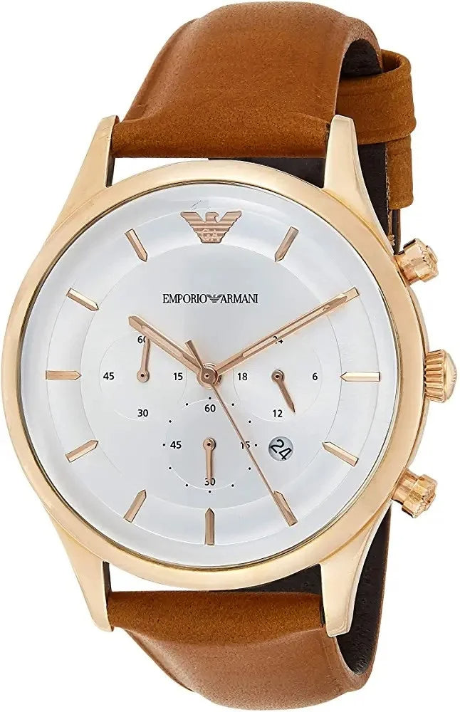 Emporio Armani Quartz Silver Dial Brown Leather Strap Watch For Men - AR11043