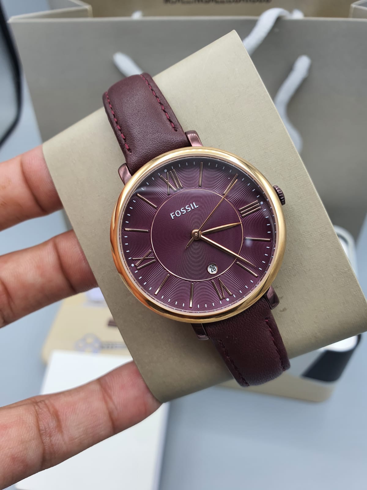 Fossil Jacqueline Burgundy Dial Burgundy Leather Strap Watch for Women  - ES4099