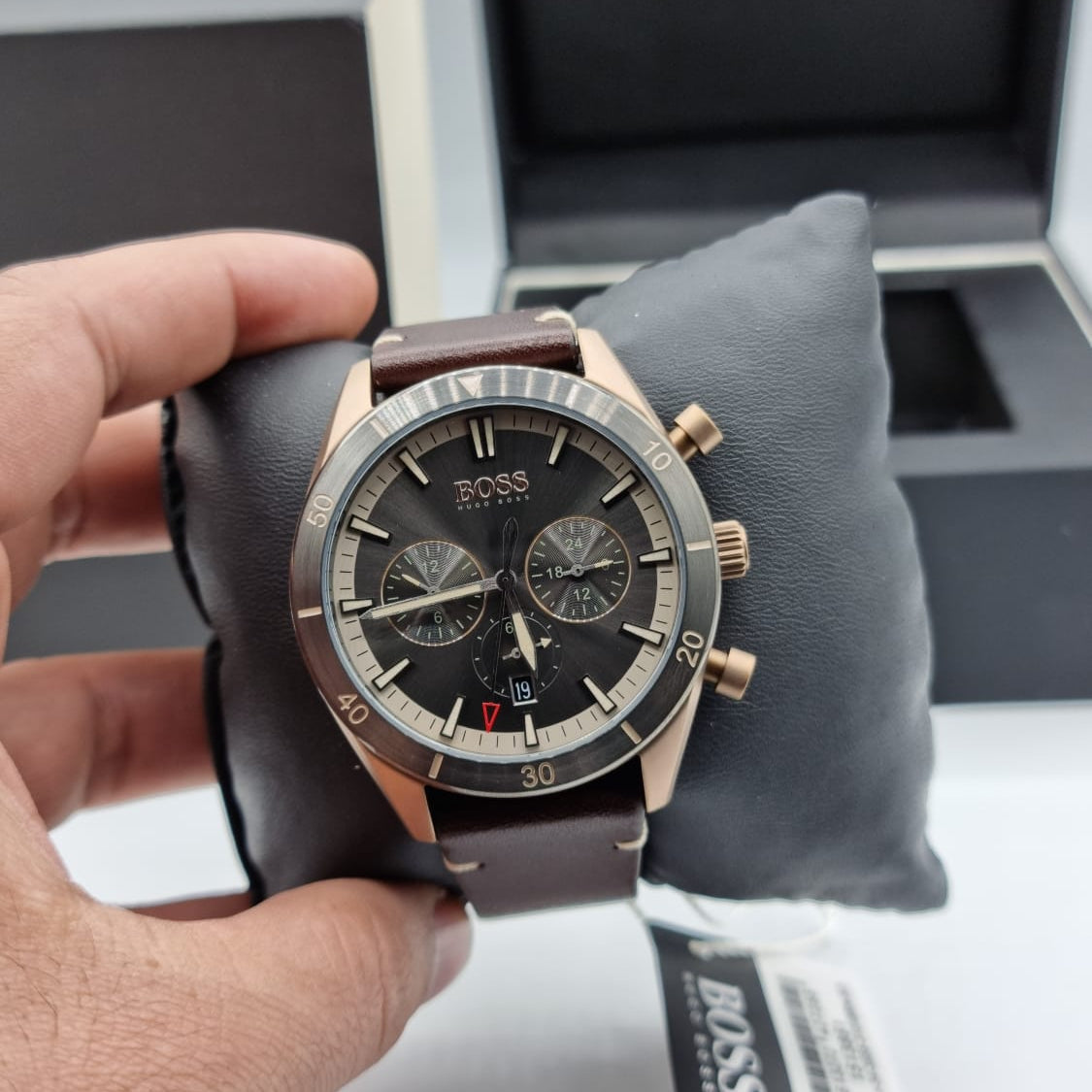 Hugo Boss Santiago Chronograph Grey Dial Brown Leather Strap Watch for Men - 1513861