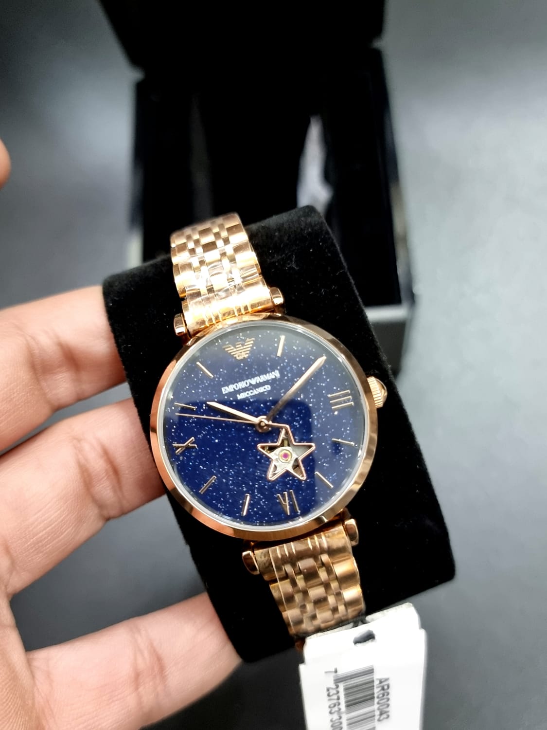 Emporio Armani Meccanico Gianni T Bar Blue Dial Rose Gold Steel Strap Watch For Women - AR60043