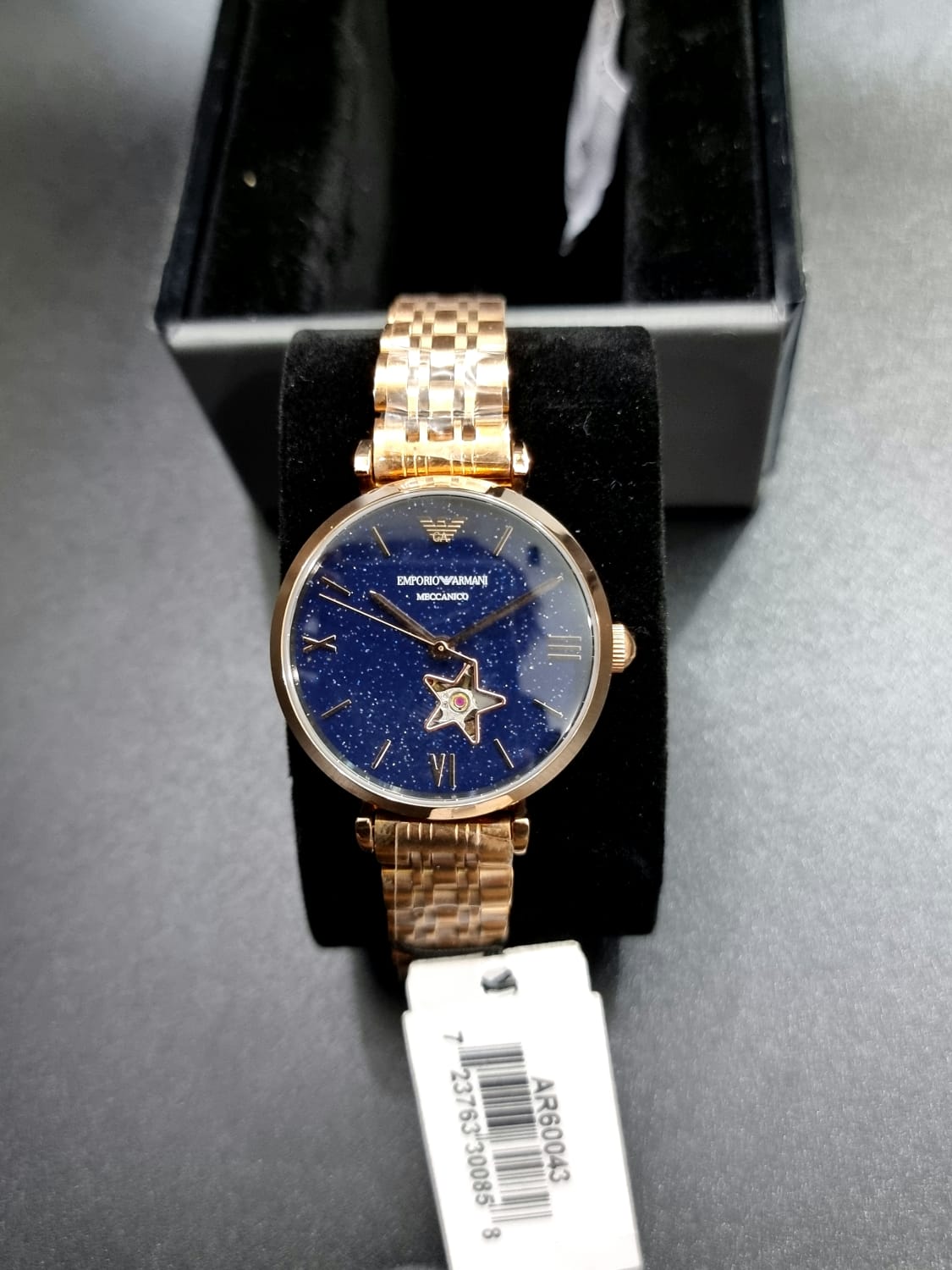 Emporio Armani Meccanico Gianni T Bar Blue Dial Rose Gold Steel Strap Watch For Women - AR60043