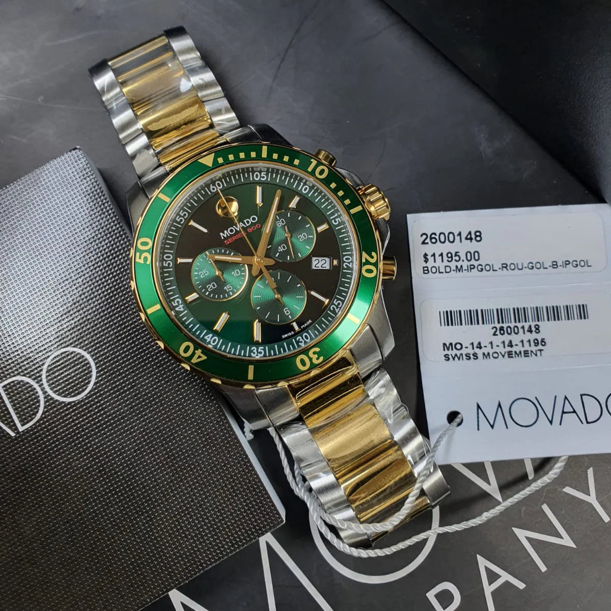 Movado Series 800 Chronograph Green Dial Two Tone Steel Strap Watch For Men - 2600148