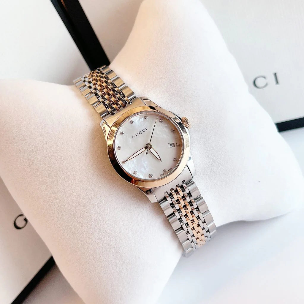 Gucci G Timeless Diamonds Mother of Pearl Dial Two Tone Mesh Bracelet Watch For Women - YA126514