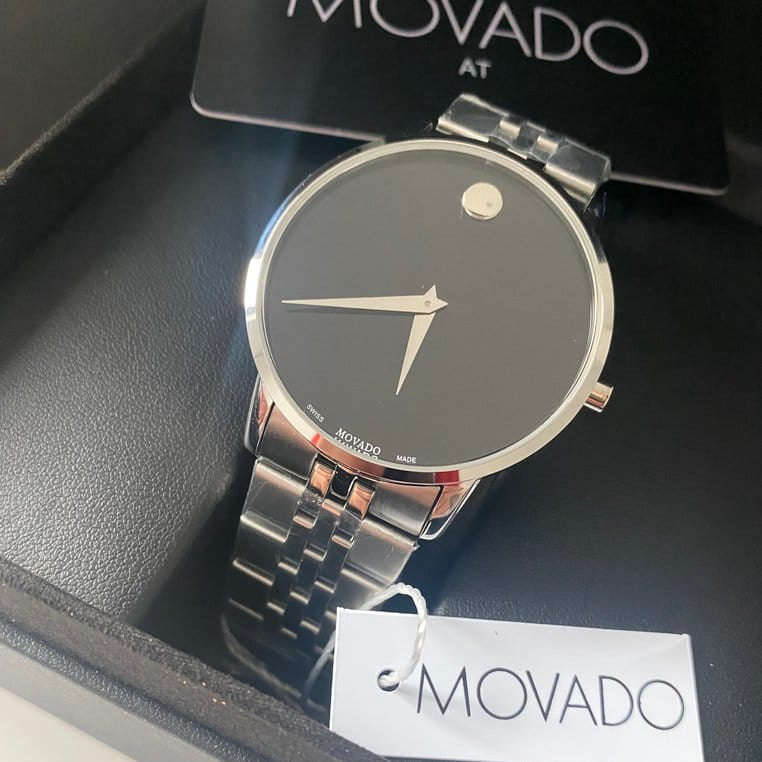 Movado Museum Classic Black Dial Silver Steel Strap Watch For Men - 606504