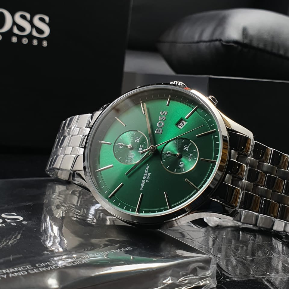 Hugo Boss Associate Chronograph Green Dial Silver Steel Strap Watch for Men - 1513975