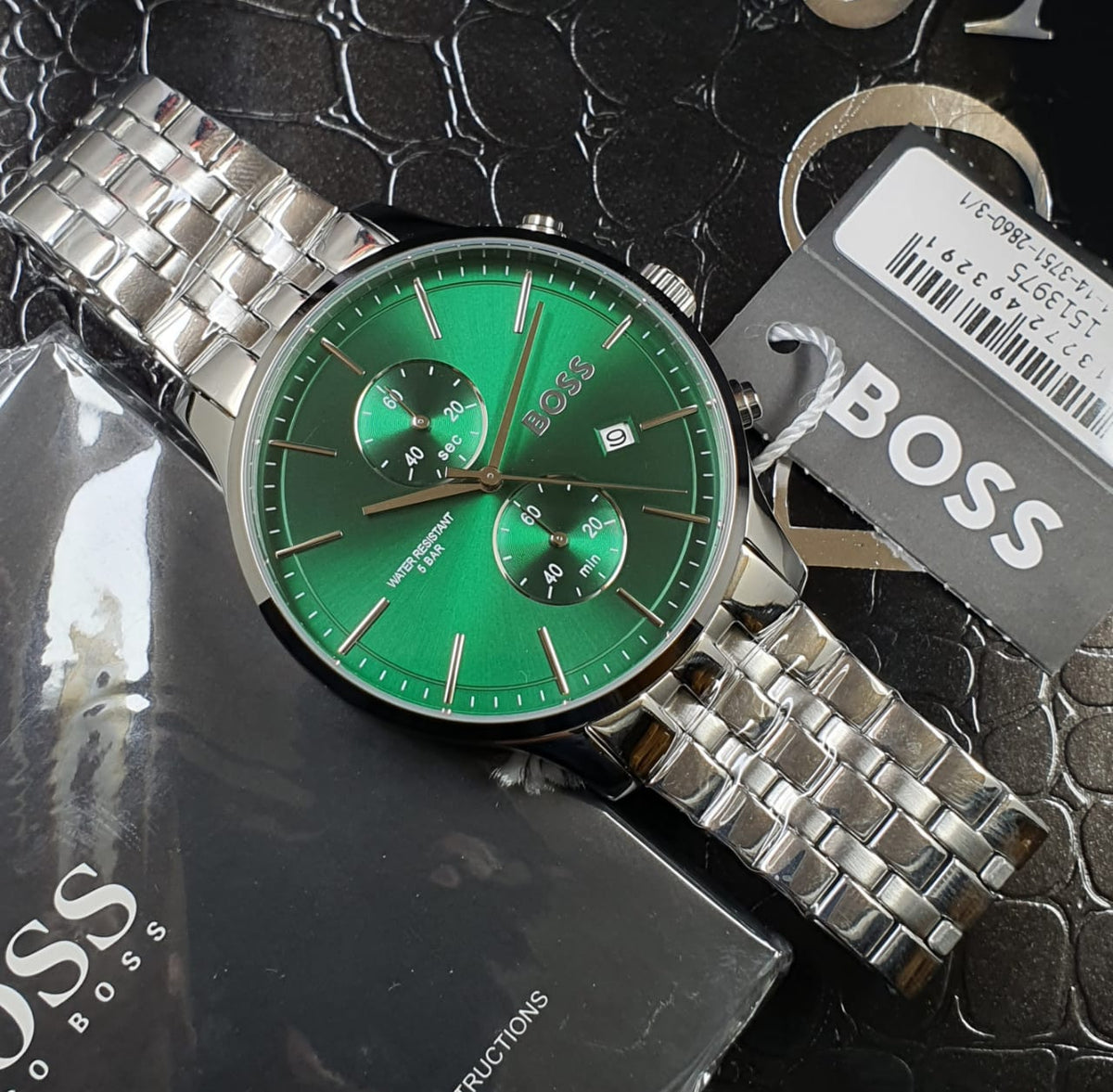 Hugo Boss Associate Chronograph Green Dial Silver Steel Strap Watch for Men - 1513975