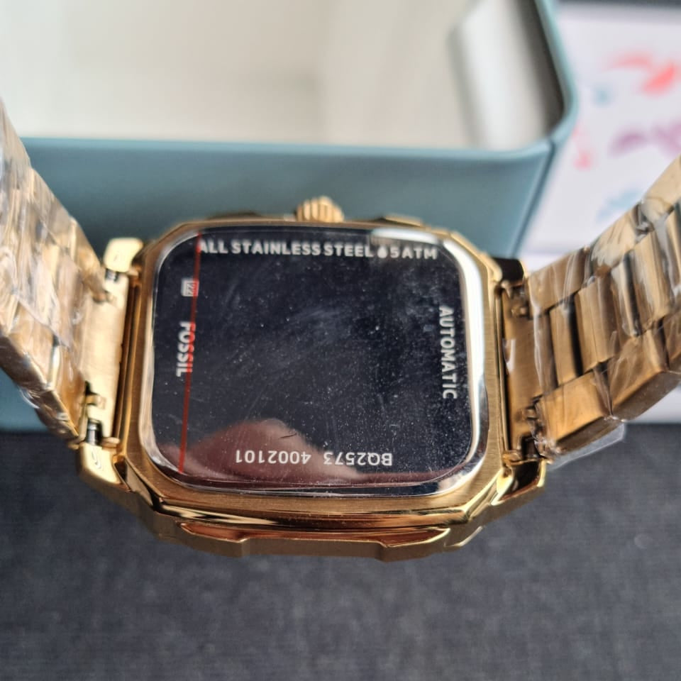 Fossil Inscription Automatic Skeleton Black Dial Gold Steel Strap Watch for Men - BQ2573
