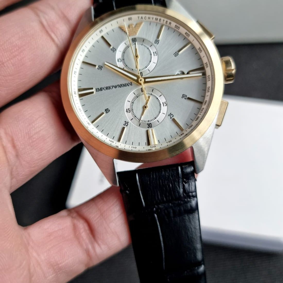Emporio Armani Claudio Chronograph Silver Dial Black Leather Strap Watch For Men - AR11498