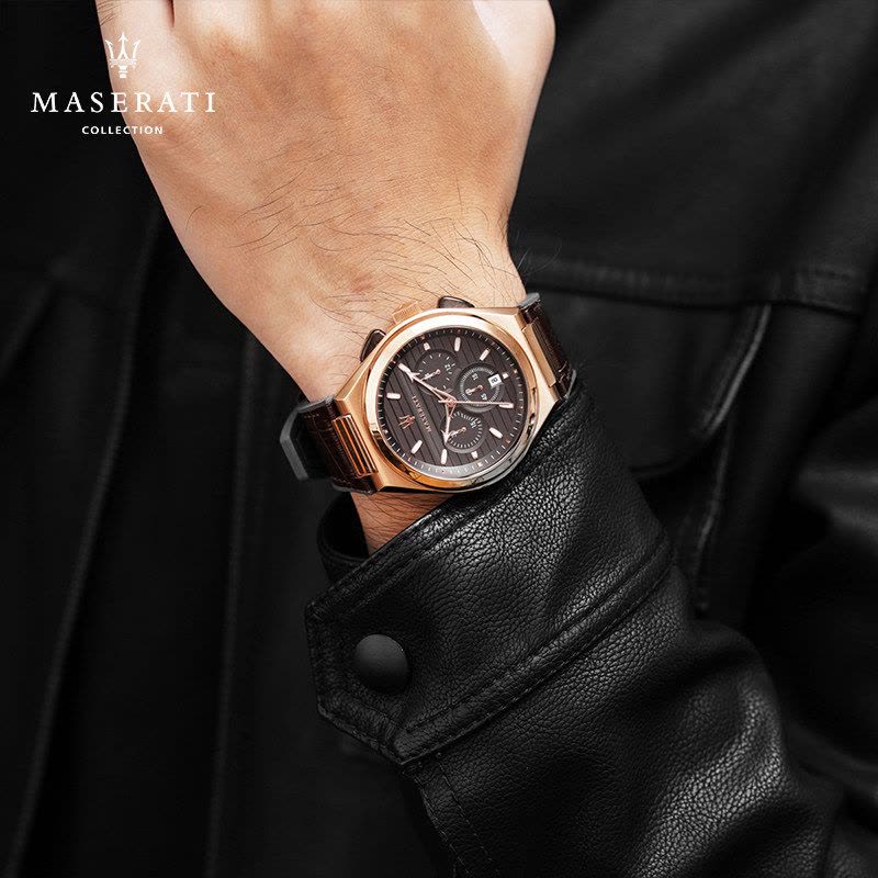 Maserati Triconic Chronograph Grey Dial Brown Leather Strap Watch For Men - R8871639003
