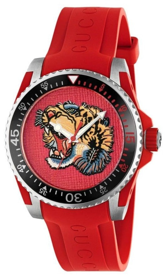Gucci Dive Quartz Red Dial Red Rubber Strap Watch For Men - YA136315